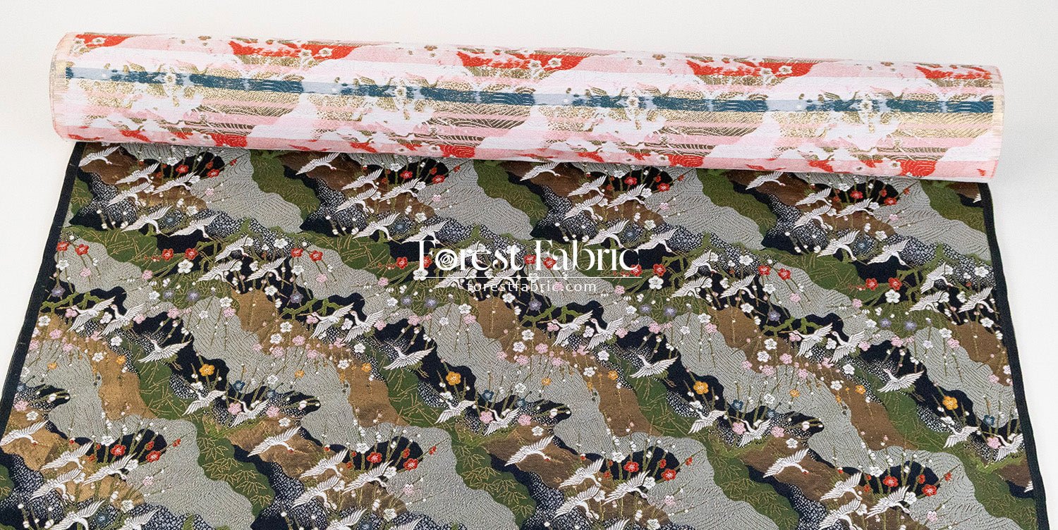 Gold Brocade - Crane Flower Cloud fabric navy - FO:REST Fabric 布恩堂Liberty fabrictana lawnjapanese fabricykk zipper