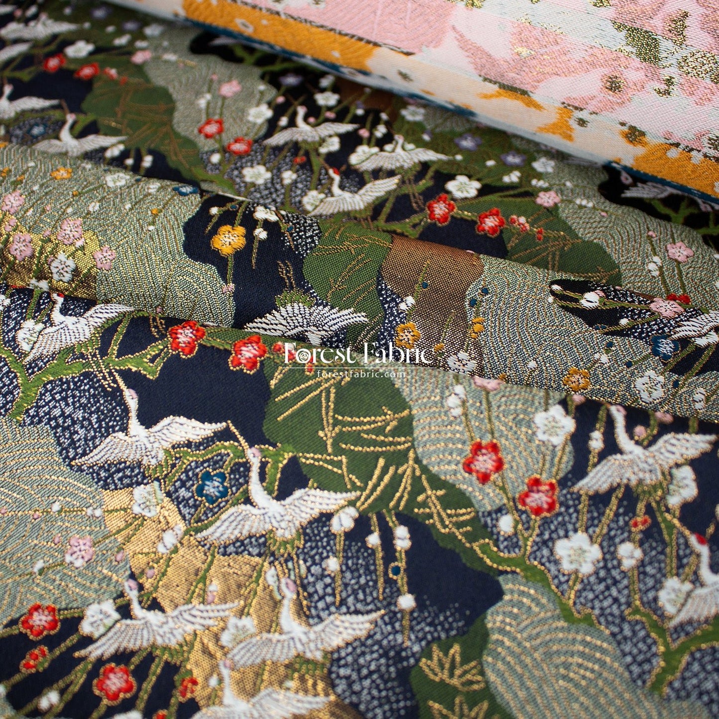 Gold Brocade - Crane Flower Cloud fabric navy - FO:REST Fabric 布恩堂Liberty fabrictana lawnjapanese fabricykk zipper