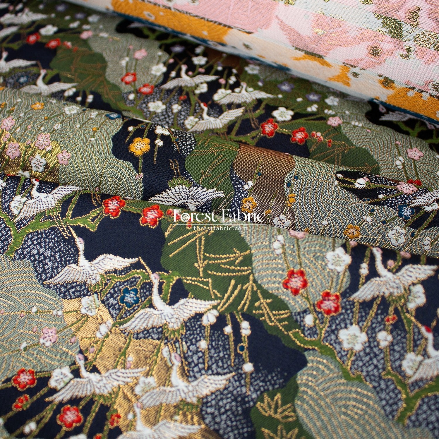 Gold Brocade - Crane Flower Cloud fabric navy - FO:REST Fabric 布恩堂Liberty fabrictana lawnjapanese fabricykk zipper