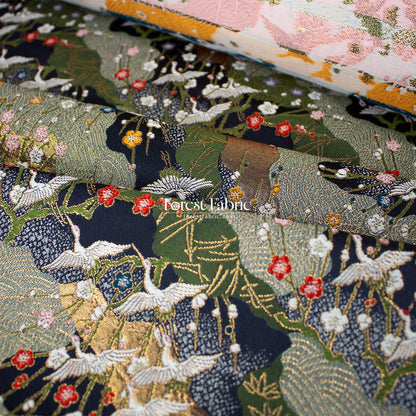 Gold Brocade - Crane Flower Cloud fabric navy - FO:REST Fabric 布恩堂Liberty fabrictana lawnjapanese fabricykk zipper