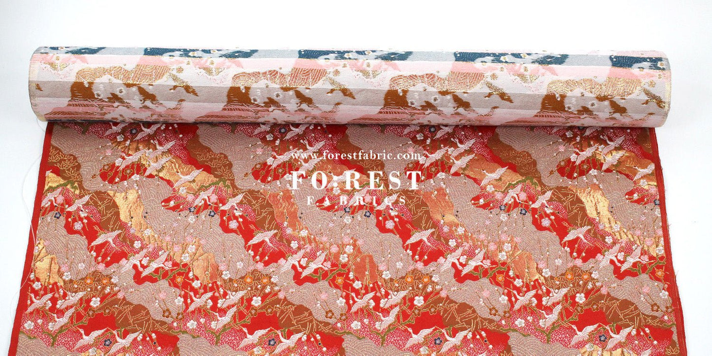 Gold Brocade - Crane Flower Cloud fabric Red - FO:REST Fabric 布恩堂Liberty fabrictana lawnjapanese fabricykk zipper