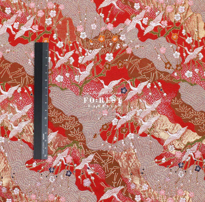 Gold Brocade - Crane Flower Cloud fabric Red - FO:REST Fabric 布恩堂Liberty fabrictana lawnjapanese fabricykk zipper