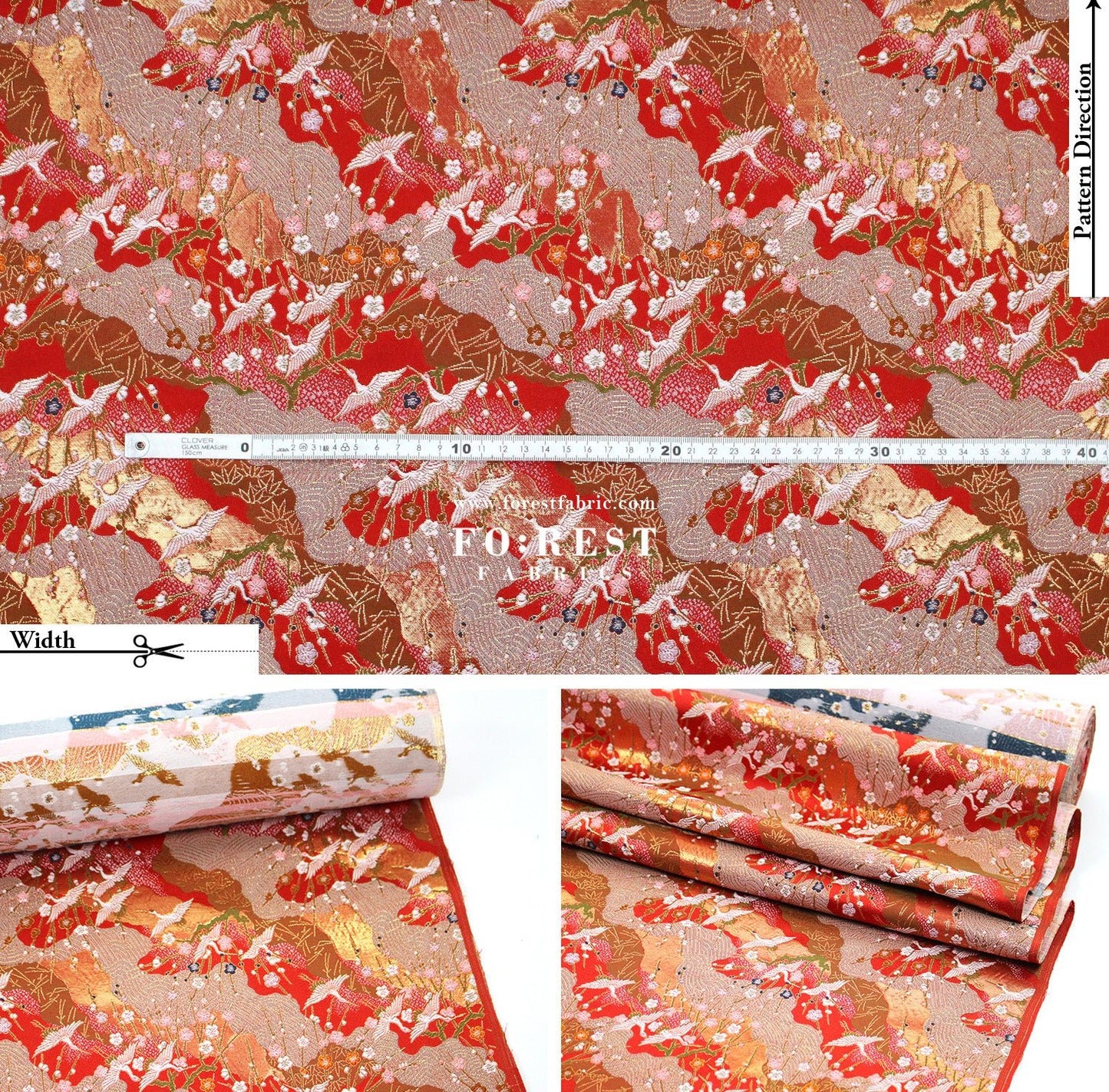 Gold Brocade - Crane Flower Cloud fabric Red - FO:REST Fabric 布恩堂Liberty fabrictana lawnjapanese fabricykk zipper