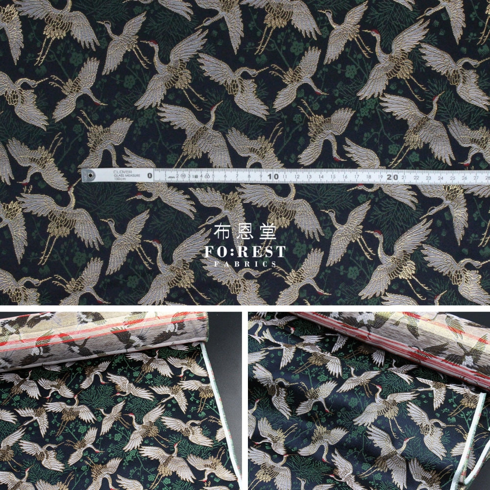 Gold Brocade - Crane Pine Fabric Navy Polyester