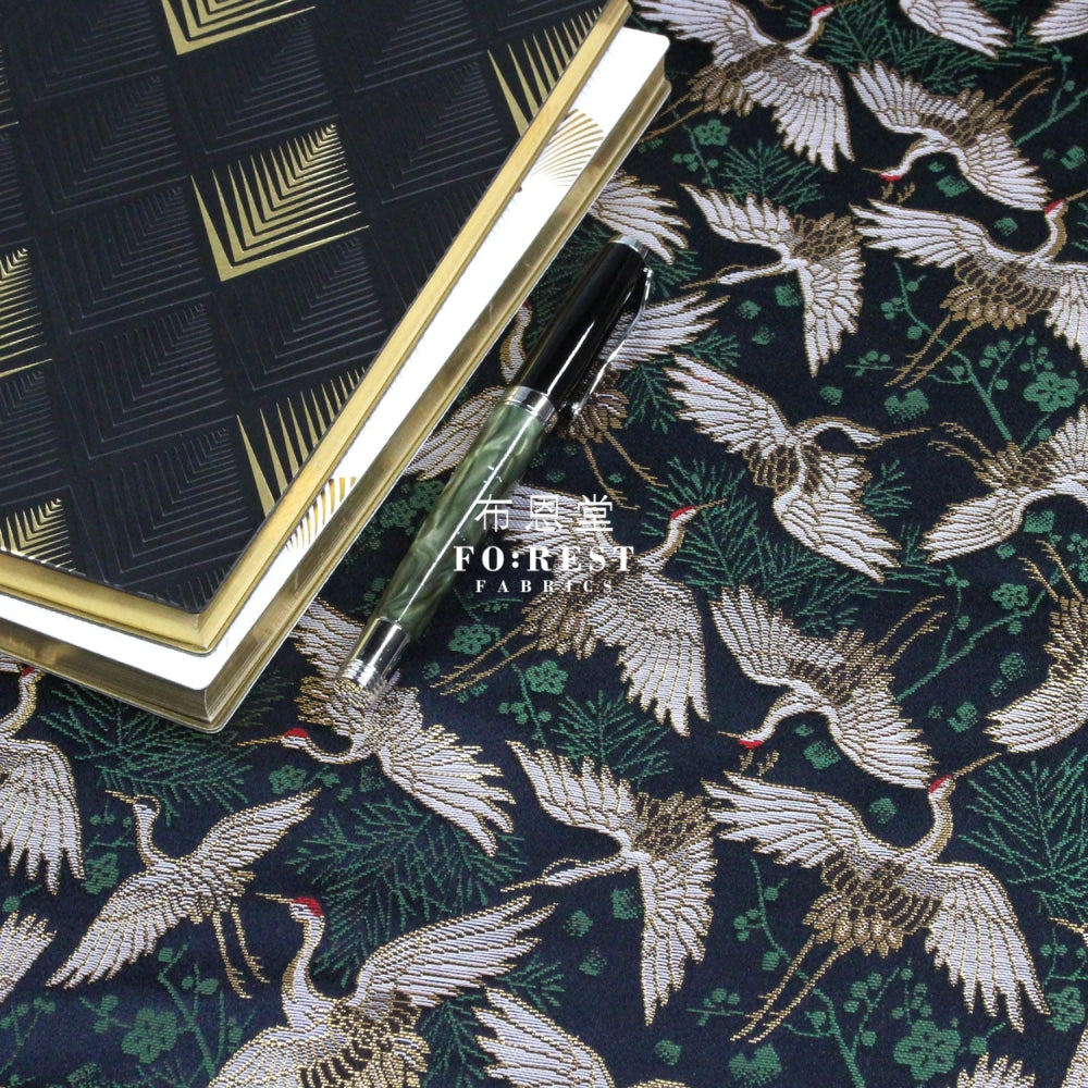 Gold Brocade - Crane Pine Fabric Navy Polyester