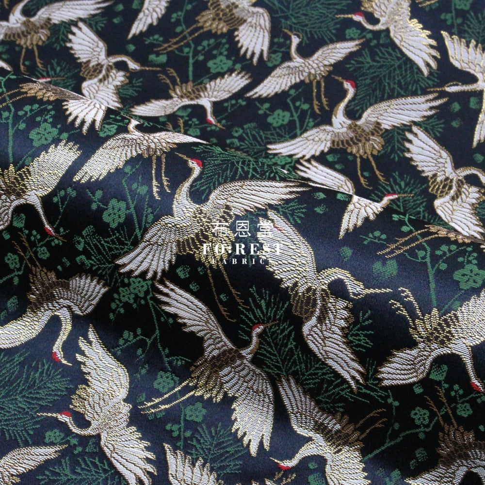 Gold Brocade - Crane Pine Fabric Navy Polyester