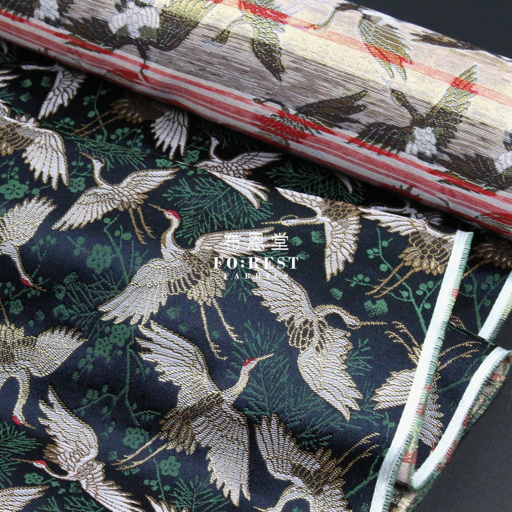 Gold Brocade - Crane Pine Fabric Navy Polyester