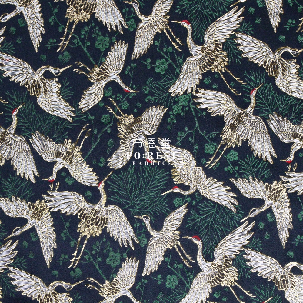 Gold Brocade - Crane Pine Fabric Navy Polyester