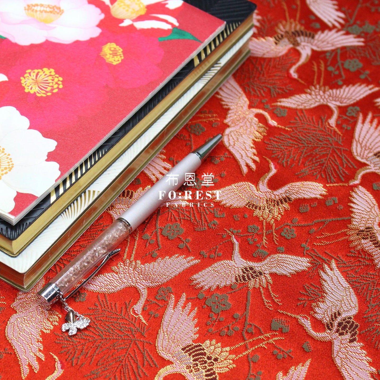 Gold Brocade - Crane Pine Fabric Red Polyester
