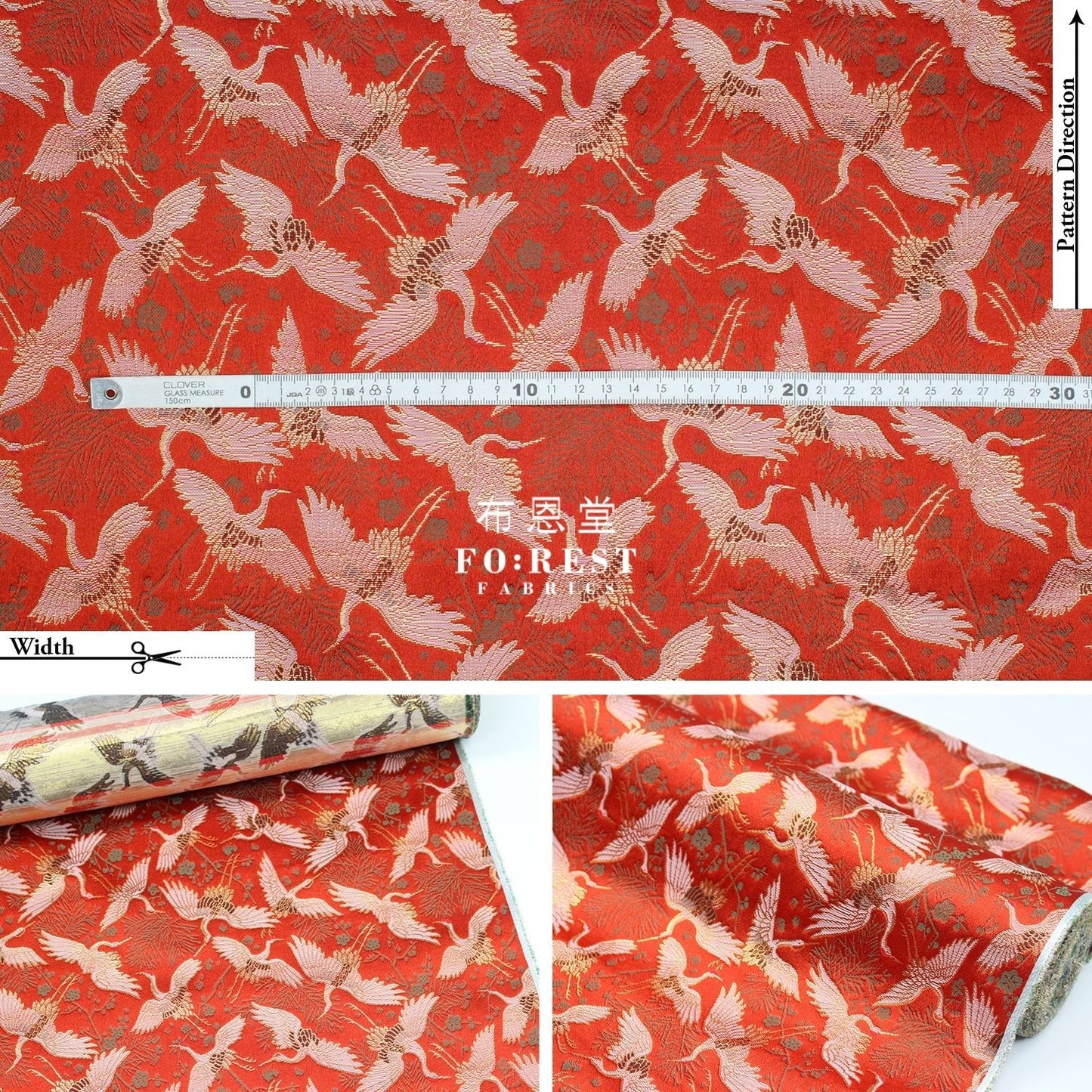 Gold Brocade - Crane Pine fabric Red - FO:REST Fabric 布恩堂Liberty fabrictana lawnjapanese fabricykk zipper