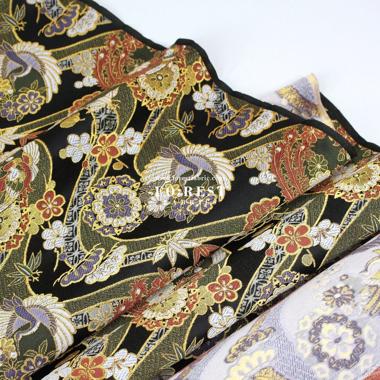 Gold Brocade - Crane sakura river fabric BlackMoss - FO:REST Fabric 布恩堂Liberty fabrictana lawnjapanese fabricykk zipper