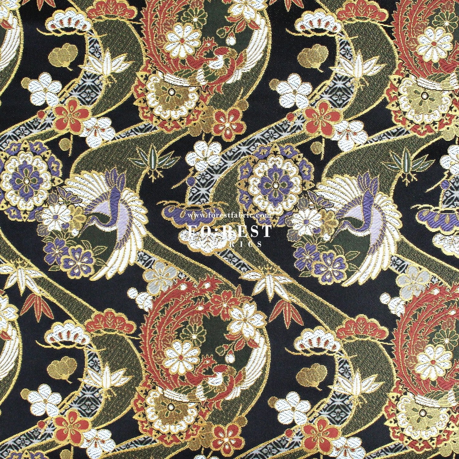 Gold Brocade - Crane sakura river fabric BlackMoss - FO:REST Fabric 布恩堂Liberty fabrictana lawnjapanese fabricykk zipper