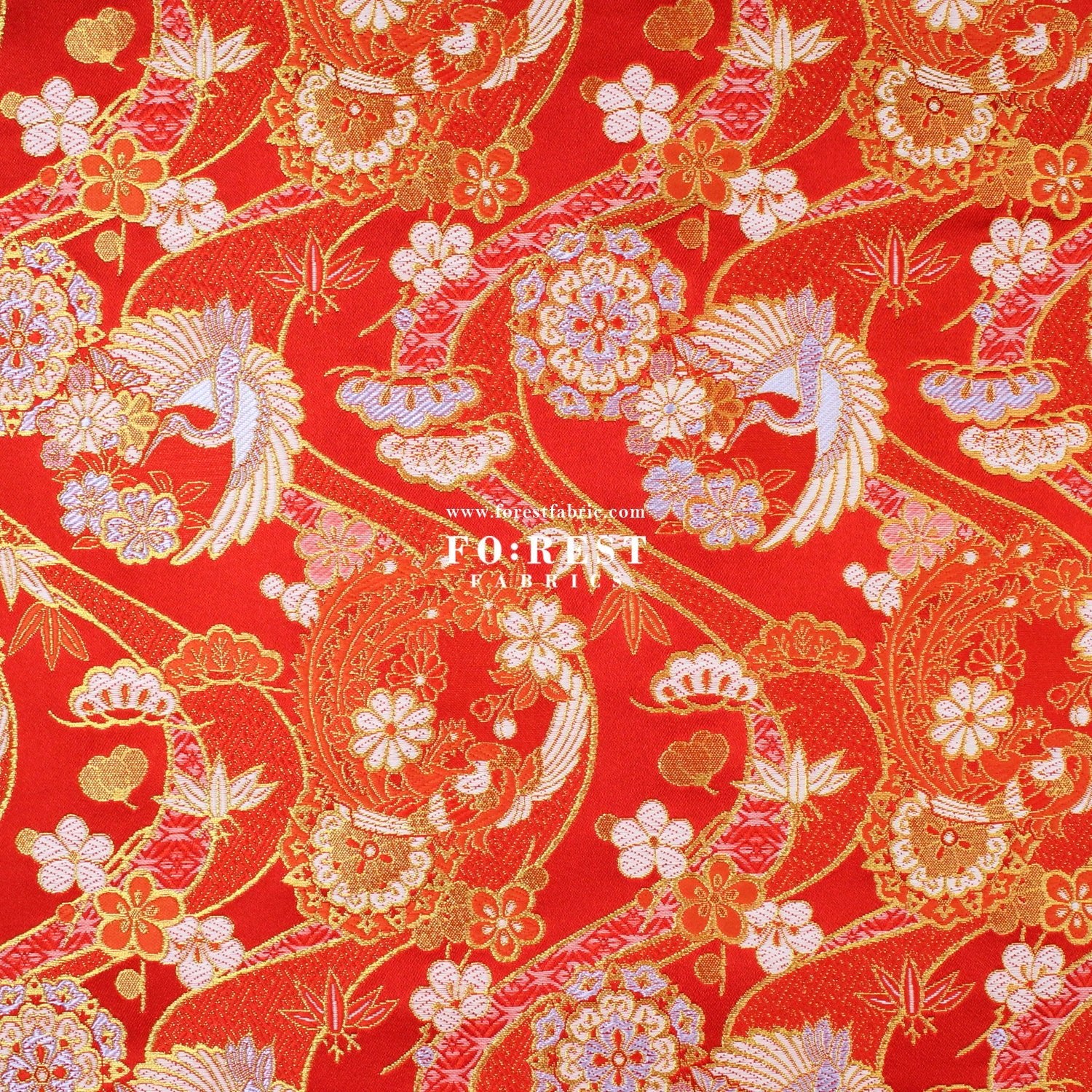 Gold Brocade - Crane sakura river fabric Red - FO:REST Fabric 布恩堂Liberty fabrictana lawnjapanese fabricykk zipper
