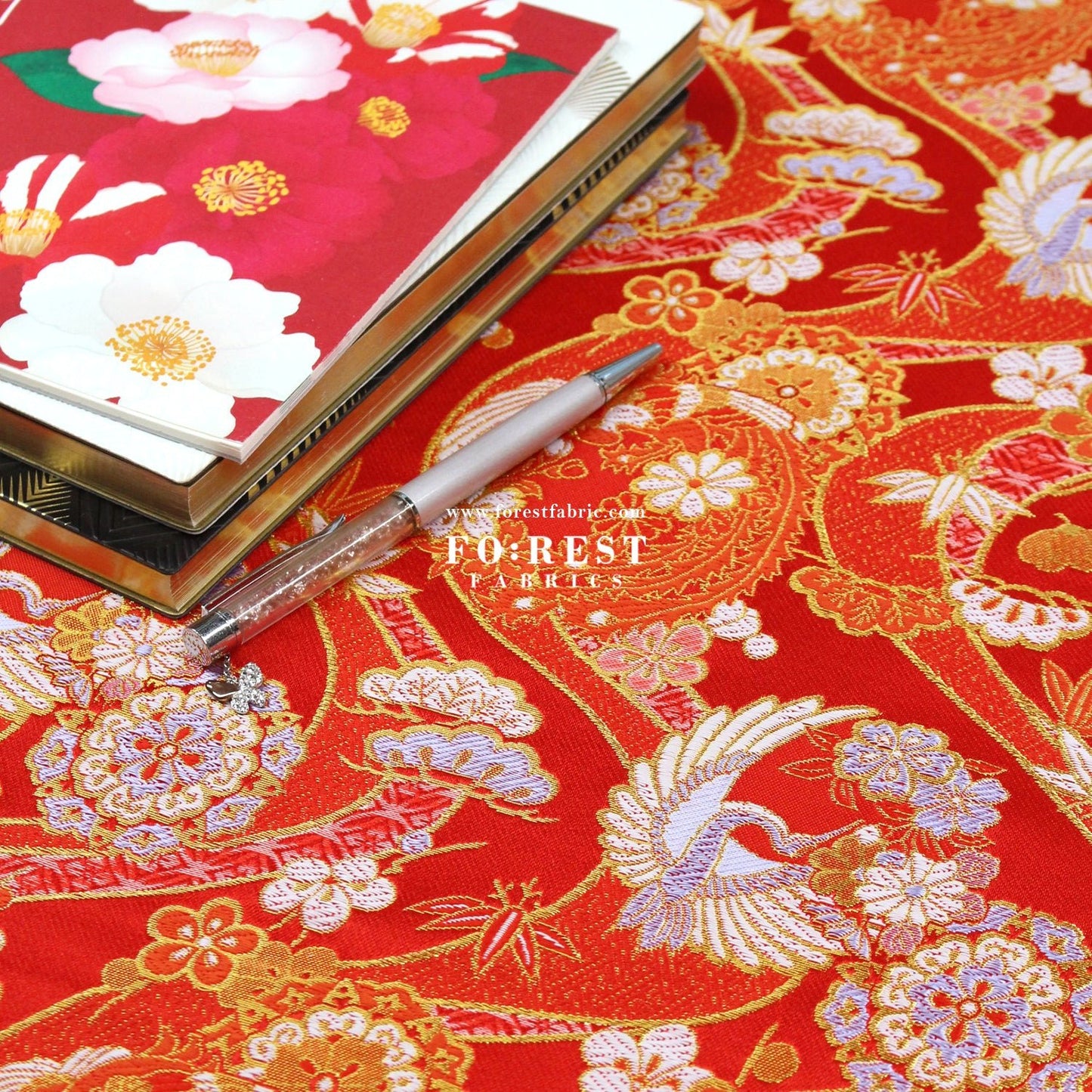 Gold Brocade - Crane sakura river fabric Red - FO:REST Fabric 布恩堂Liberty fabrictana lawnjapanese fabricykk zipper