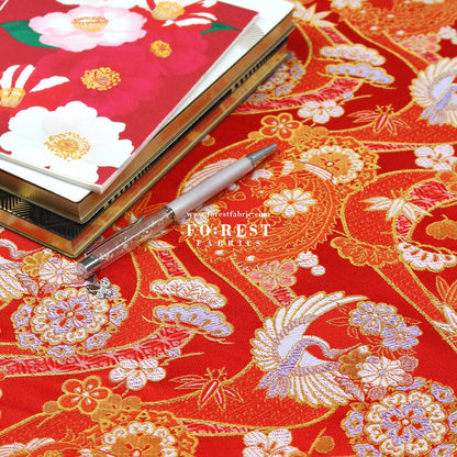 Gold Brocade - Crane sakura river fabric Red - FO:REST Fabric 布恩堂Liberty fabrictana lawnjapanese fabricykk zipper
