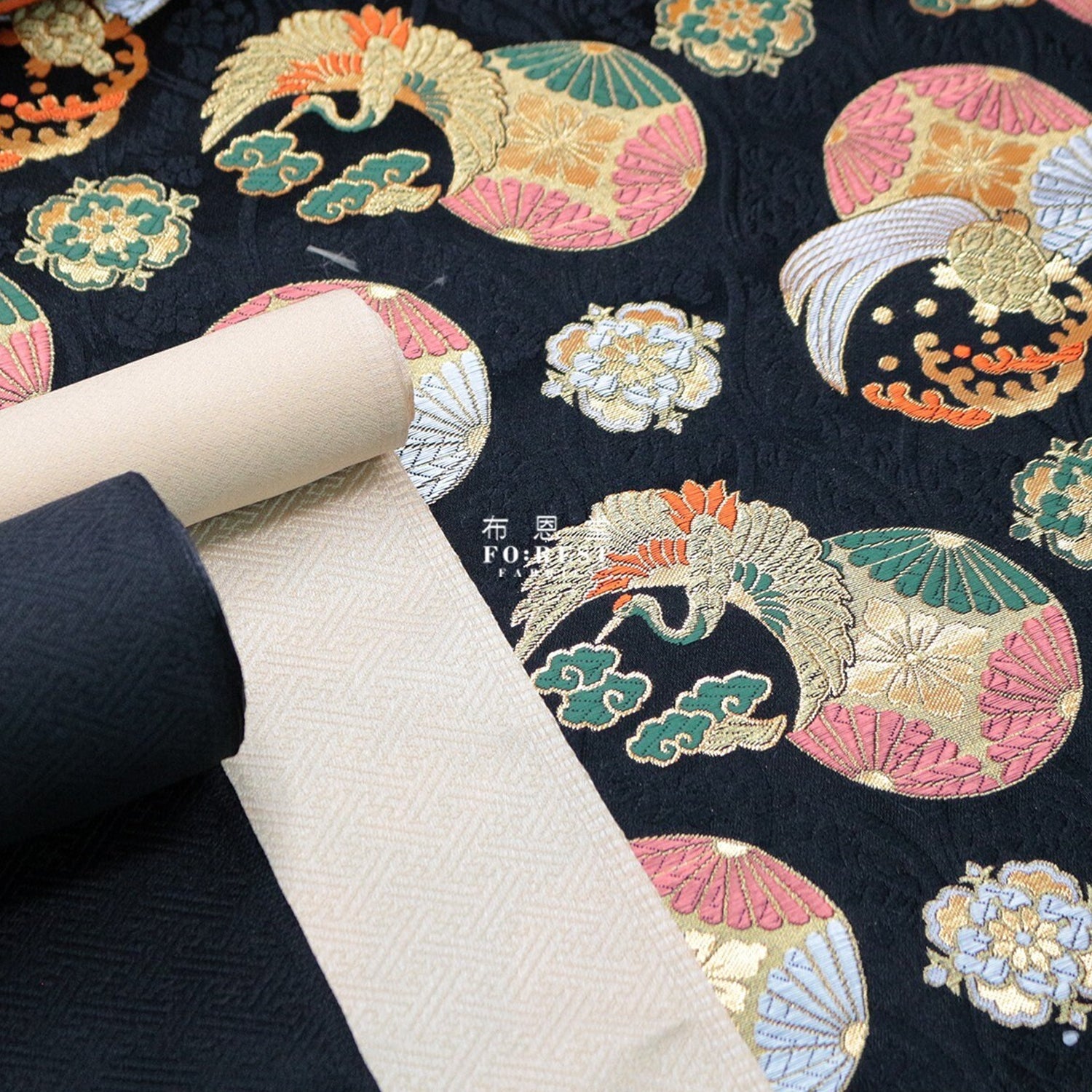 Gold Brocade - Crane turtle fabric Black - FO:REST Fabric 布恩堂Liberty fabrictana lawnjapanese fabricykk zipper
