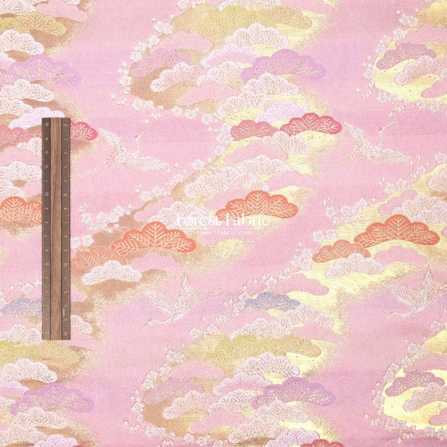 Gold Brocade - Cranes and Ancient Pines fabric Pink - FO:REST Fabric 布恩堂Liberty fabrictana lawnjapanese fabricykk zipper