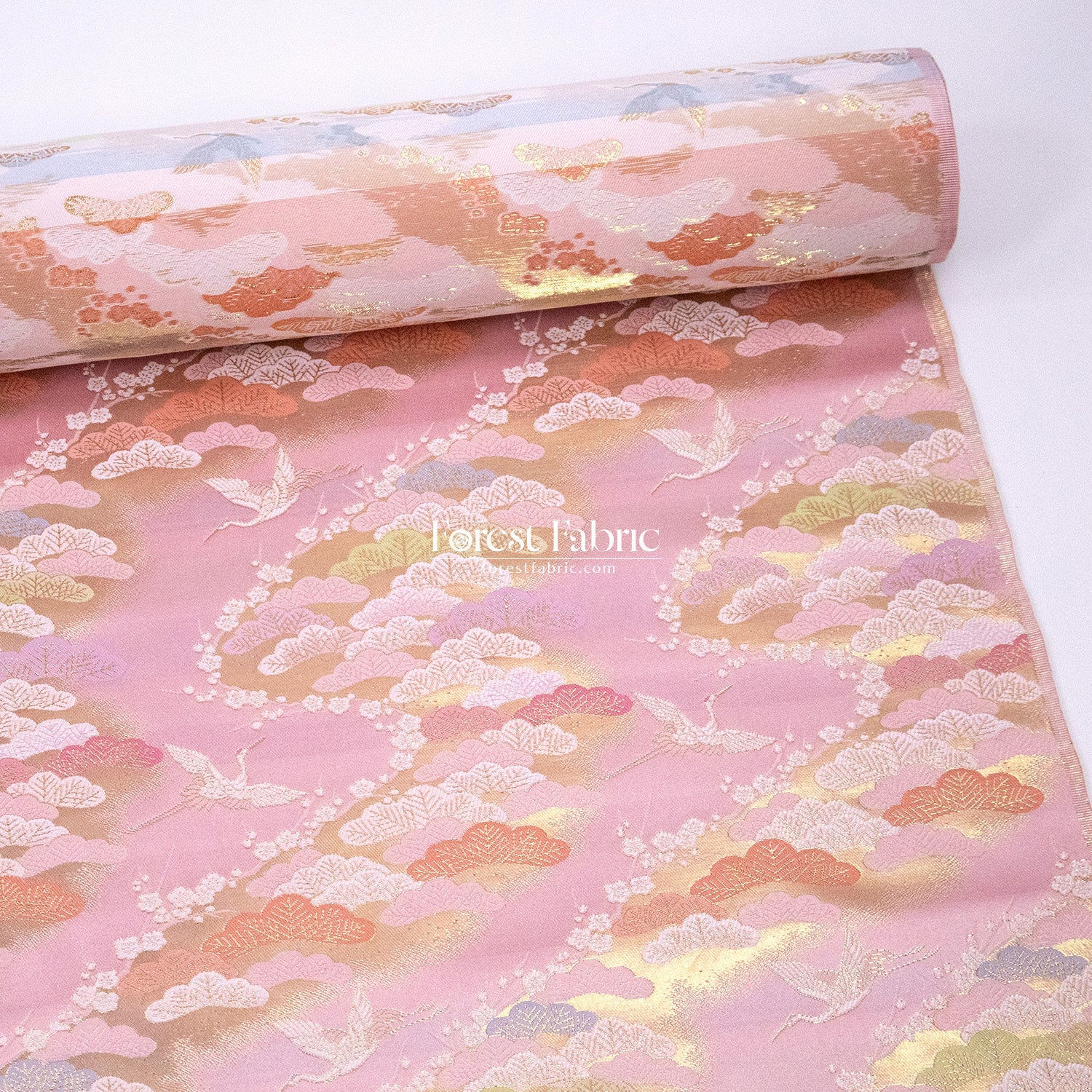 Gold Brocade - Cranes and Ancient Pines fabric Pink - FO:REST Fabric 布恩堂Liberty fabrictana lawnjapanese fabricykk zipper