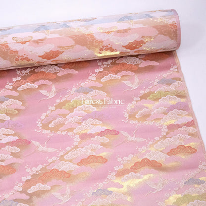 Gold Brocade - Cranes and Ancient Pines fabric Pink - FO:REST Fabric 布恩堂Liberty fabrictana lawnjapanese fabricykk zipper