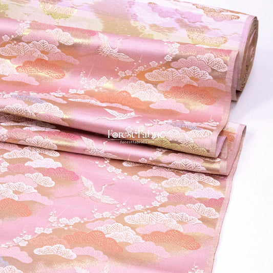 Gold Brocade - Cranes and Ancient Pines fabric Pink - FO:REST Fabric 布恩堂Liberty fabrictana lawnjapanese fabricykk zipper