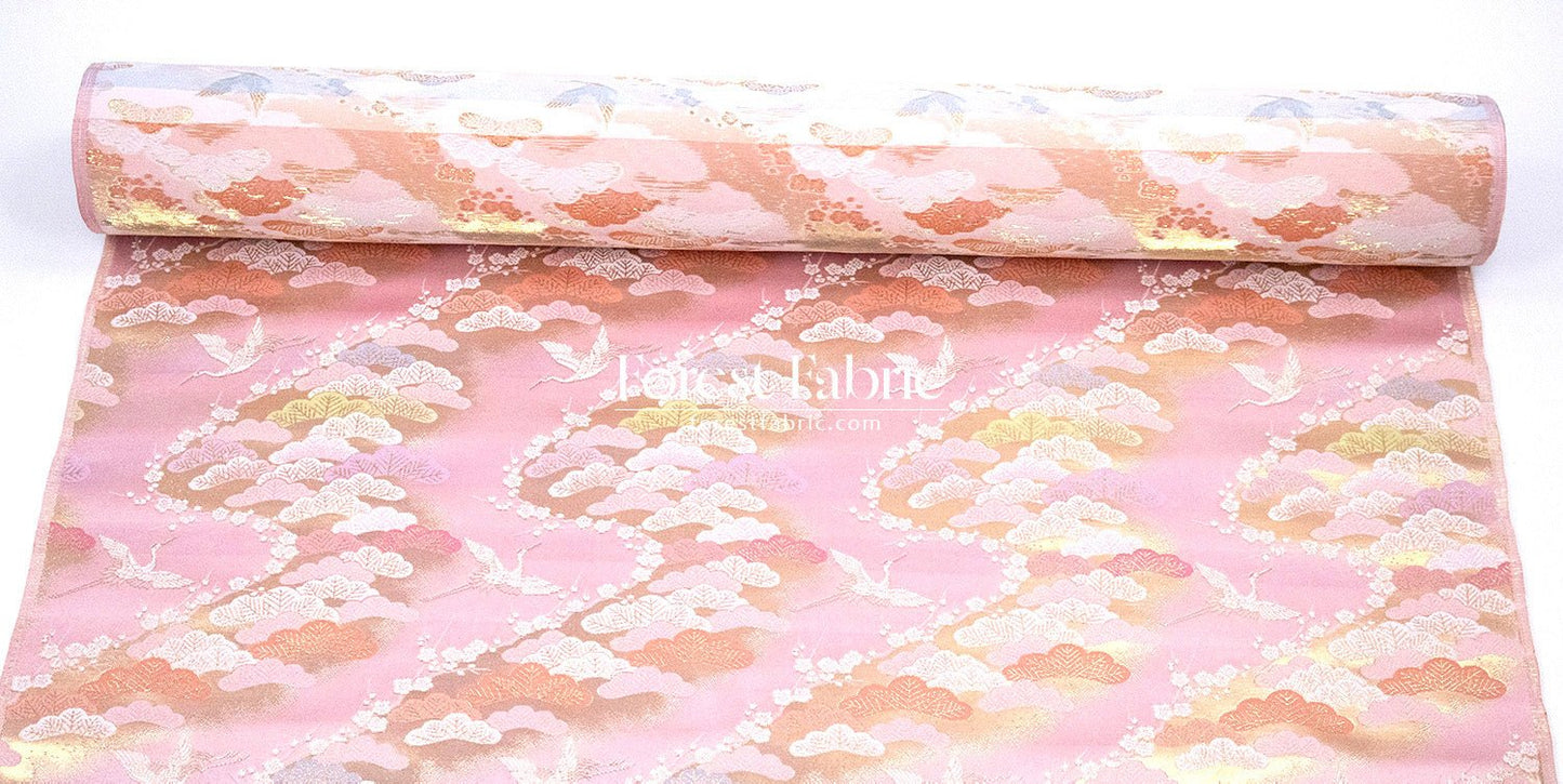 Gold Brocade - Cranes and Ancient Pines fabric Pink - FO:REST Fabric 布恩堂Liberty fabrictana lawnjapanese fabricykk zipper