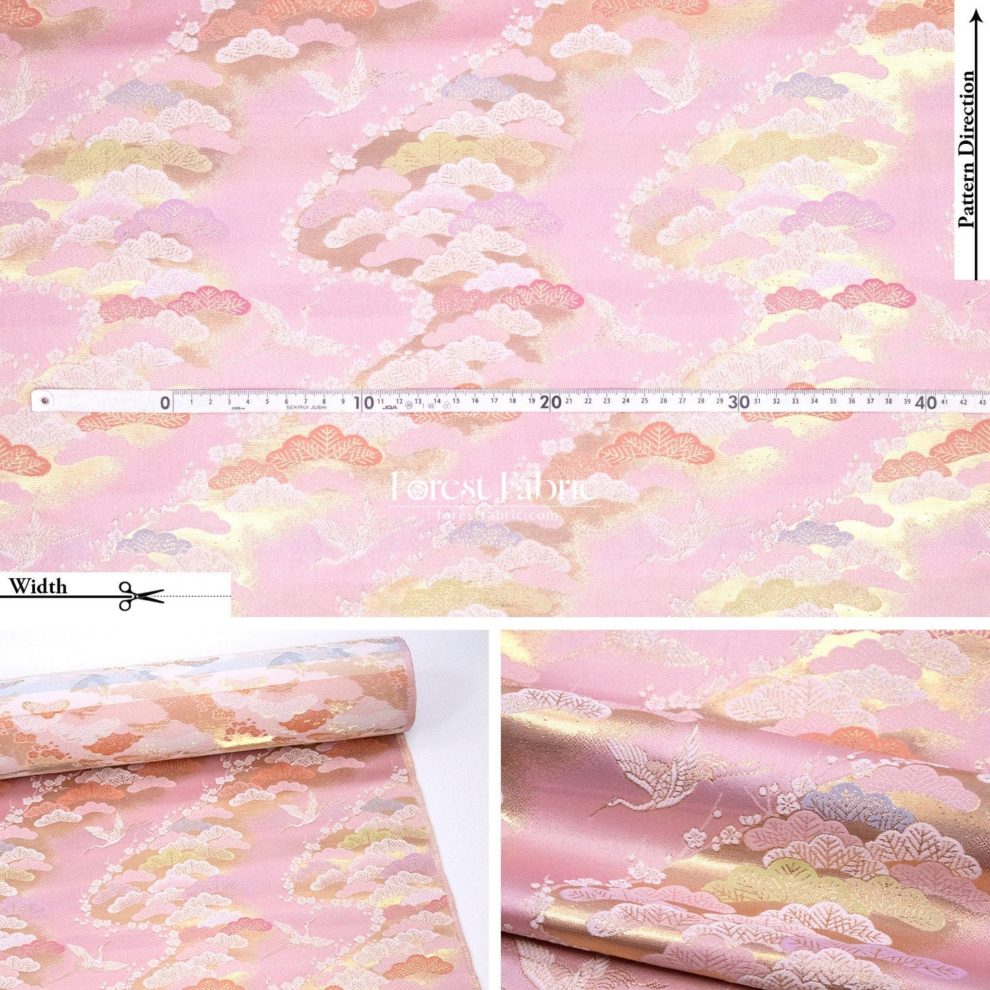 Gold Brocade - Cranes and Ancient Pines fabric Pink - FO:REST Fabric 布恩堂Liberty fabrictana lawnjapanese fabricykk zipper