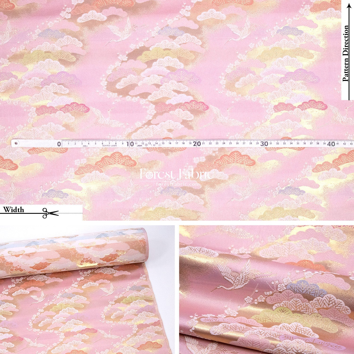 Gold Brocade - Cranes and Ancient Pines fabric Pink - FO:REST Fabric 布恩堂Liberty fabrictana lawnjapanese fabricykk zipper