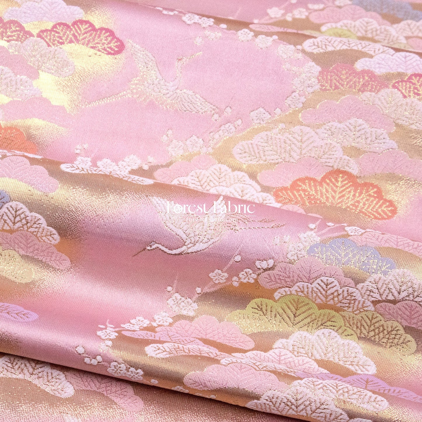 Gold Brocade - Cranes and Ancient Pines fabric Pink - FO:REST Fabric 布恩堂Liberty fabrictana lawnjapanese fabricykk zipper