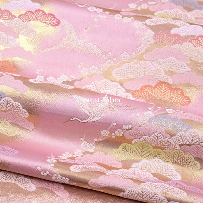 Gold Brocade - Cranes and Ancient Pines fabric Pink - FO:REST Fabric 布恩堂Liberty fabrictana lawnjapanese fabricykk zipper