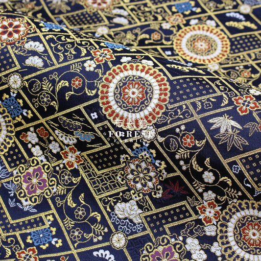 Gold Brocade - Decorative Flower Fabric Navy Polyester