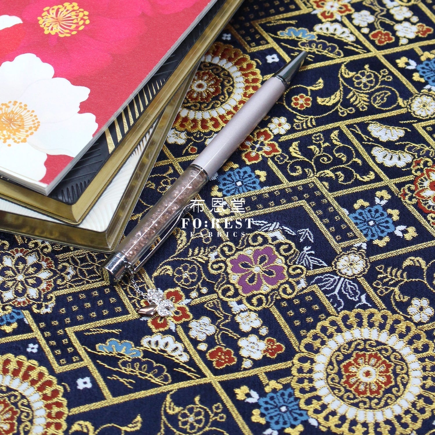 Gold Brocade - Decorative flower fabric Navy - FO:REST Fabric 布恩堂Liberty fabrictana lawnjapanese fabricykk zipper