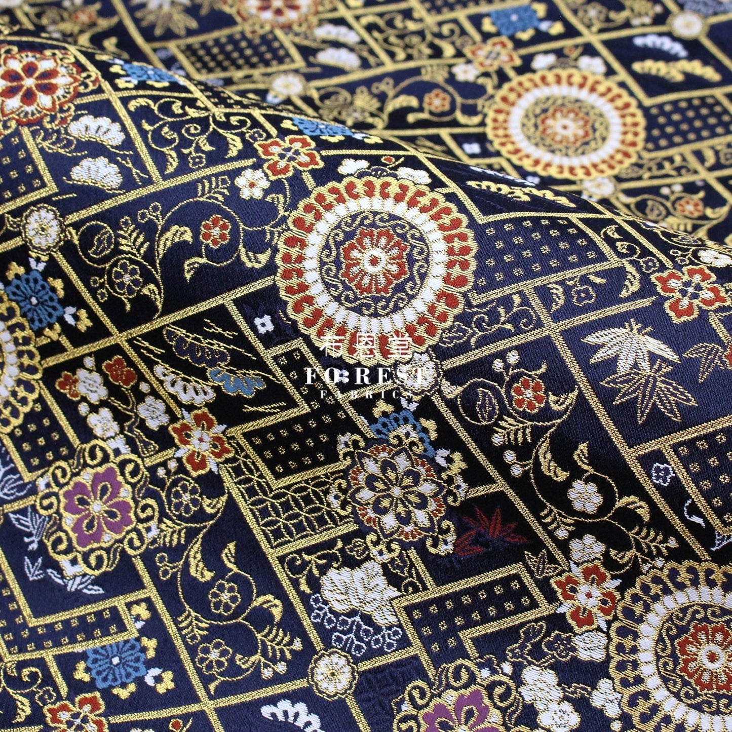 Gold Brocade - Decorative flower fabric Navy - FO:REST Fabric 布恩堂Liberty fabrictana lawnjapanese fabricykk zipper
