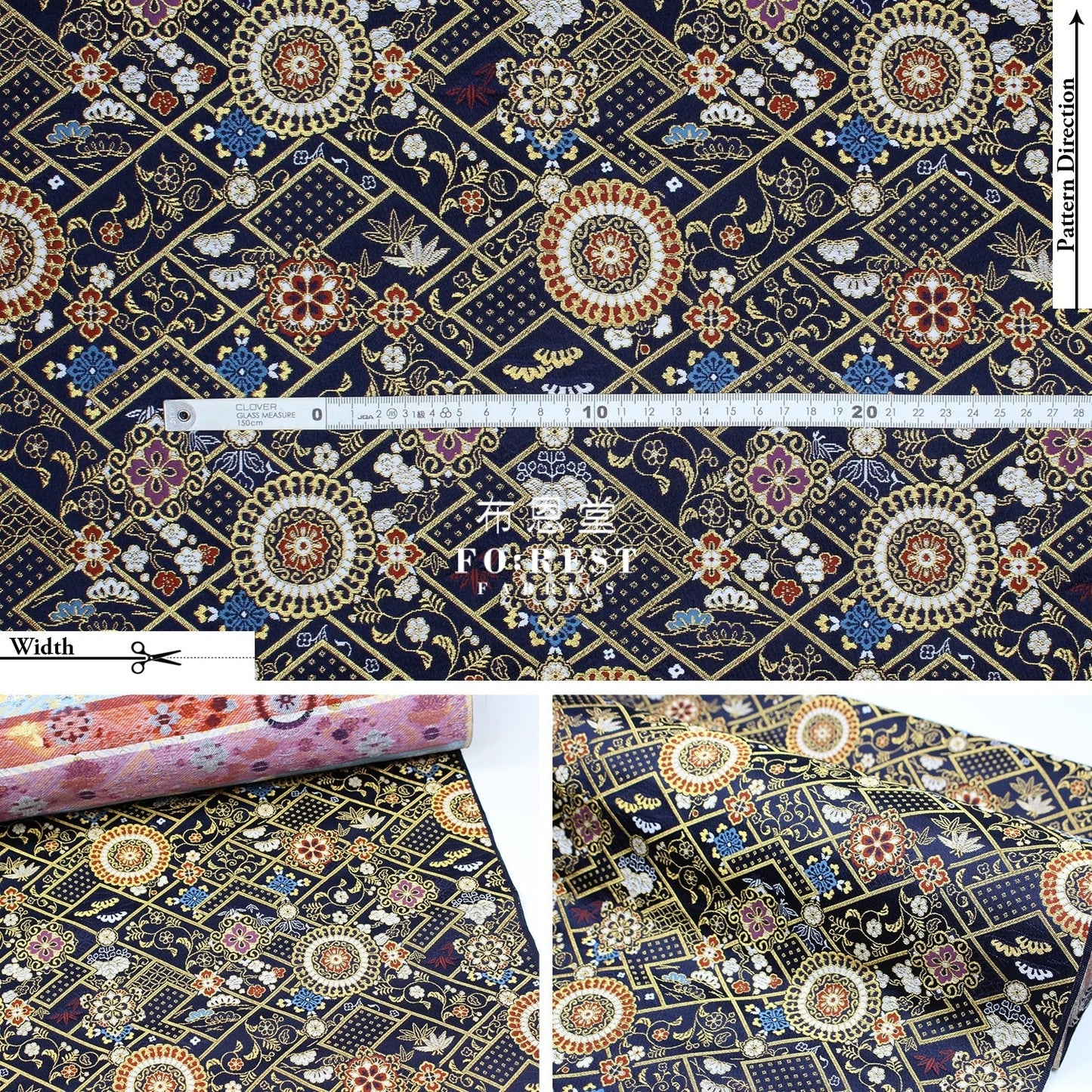 Gold Brocade - Decorative flower fabric Navy - FO:REST Fabric 布恩堂Liberty fabrictana lawnjapanese fabricykk zipper