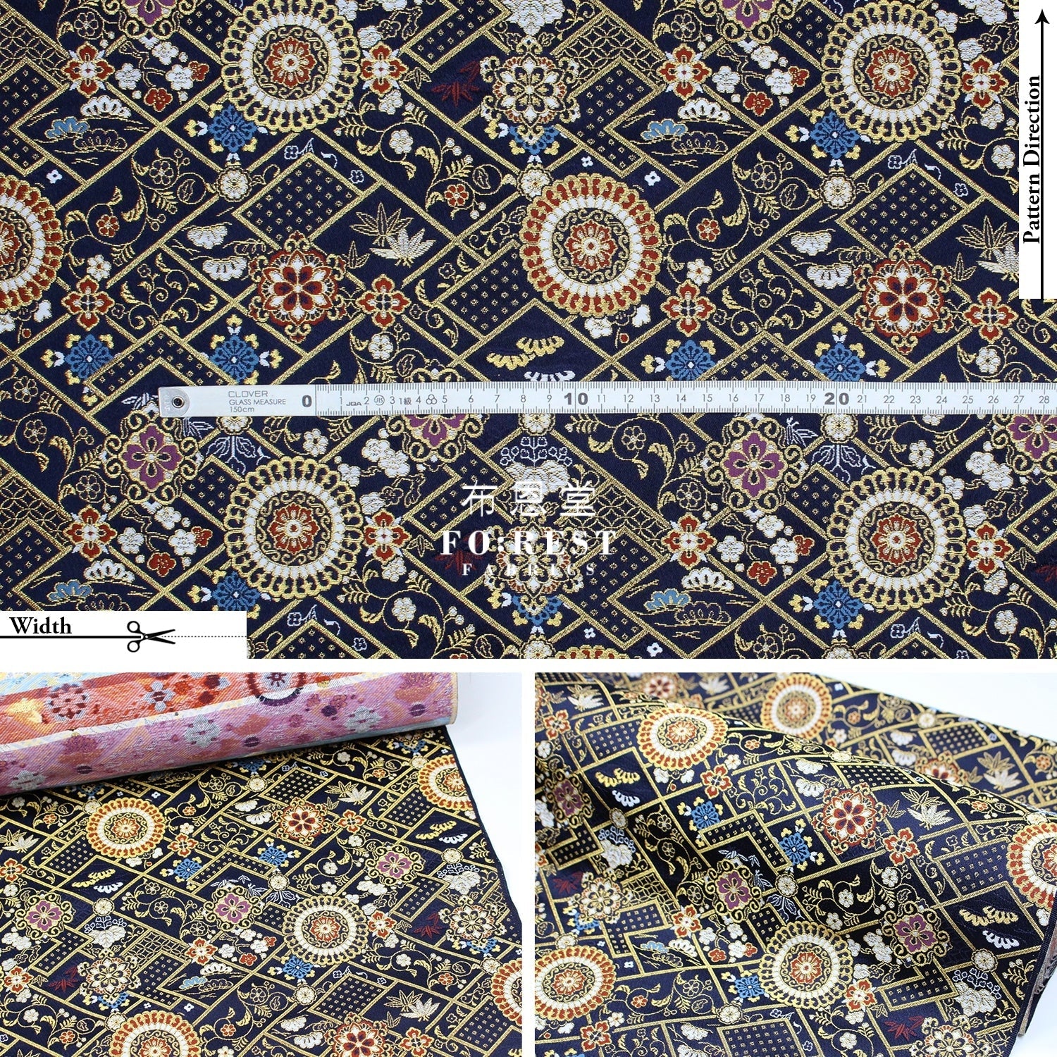 Gold Brocade - Decorative flower fabric Navy - FO:REST Fabric 布恩堂Liberty fabrictana lawnjapanese fabricykk zipper