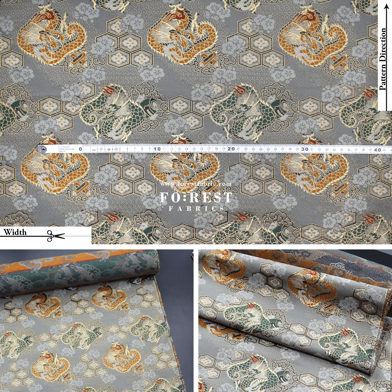 Gold Brocade - Dragon 六甲龍 fabric Gray - FO:REST Fabric 布恩堂Liberty fabrictana lawnjapanese fabricykk zipper