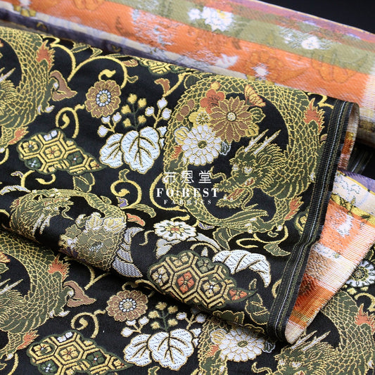 Gold Brocade - Dragon Flower Fabric Black Polyester