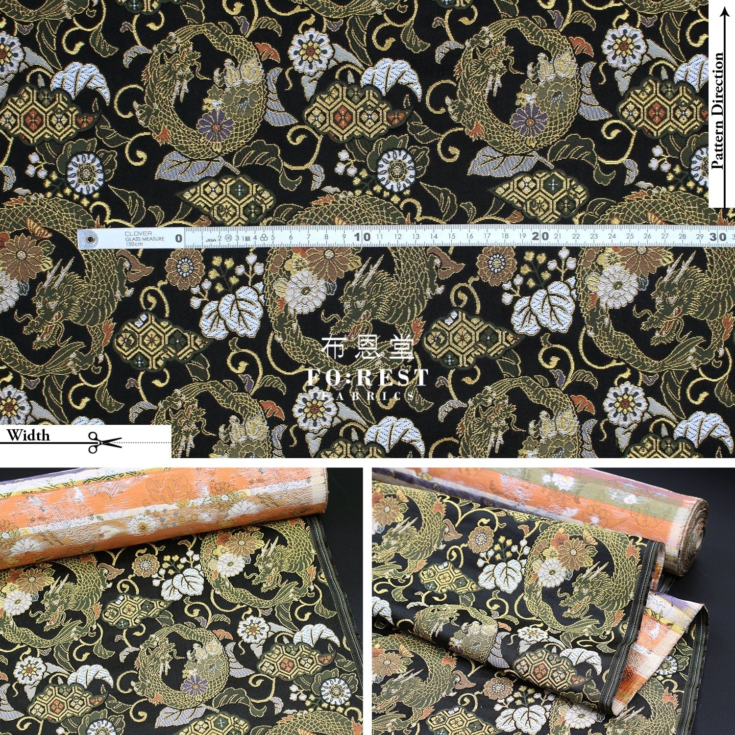 Gold Brocade - Dragon Flower fabric Black - FO:REST Fabric 布恩堂Liberty fabrictana lawnjapanese fabricykk zipper