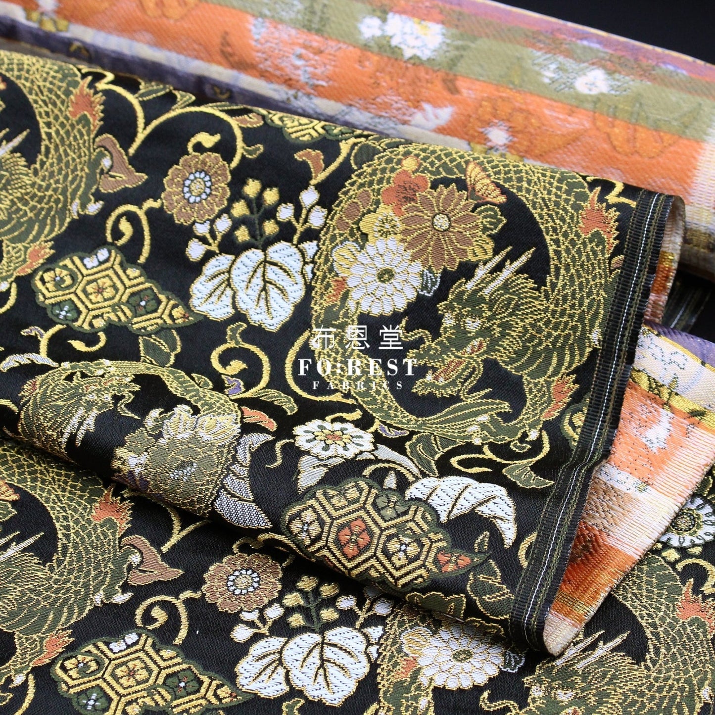 Gold Brocade - Dragon Flower fabric Black - FO:REST Fabric 布恩堂Liberty fabrictana lawnjapanese fabricykk zipper