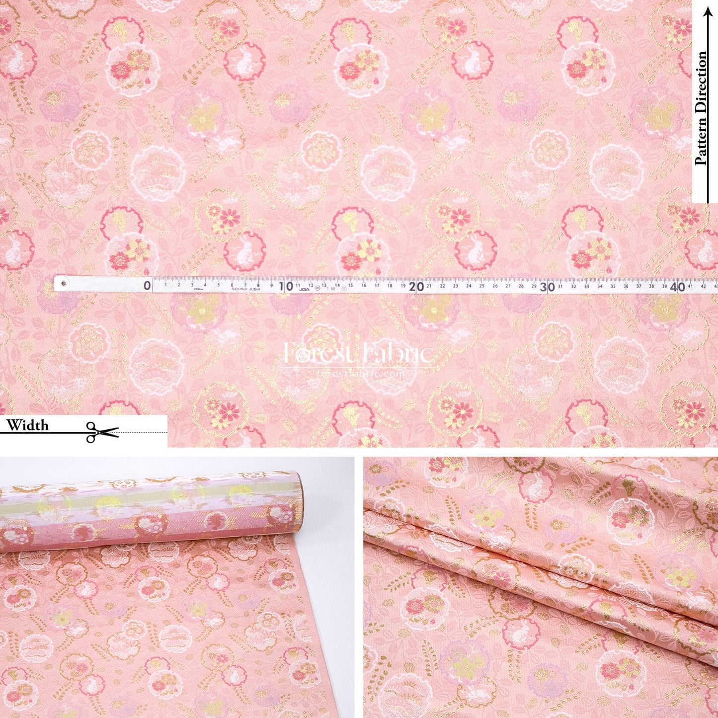 Gold Brocade - Floral Snow Rabbits fabric Pink - FO:REST Fabric 布恩堂Liberty fabrictana lawnjapanese fabricykk zipper