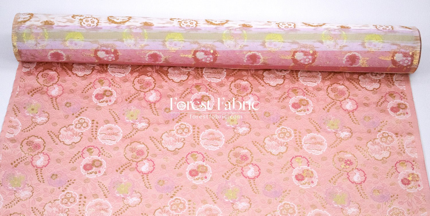 Gold Brocade - Floral Snow Rabbits fabric Pink - FO:REST Fabric 布恩堂Liberty fabrictana lawnjapanese fabricykk zipper