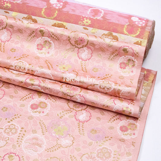 Gold Brocade - Floral Snow Rabbits fabric Pink - FO:REST Fabric 布恩堂Liberty fabrictana lawnjapanese fabricykk zipper
