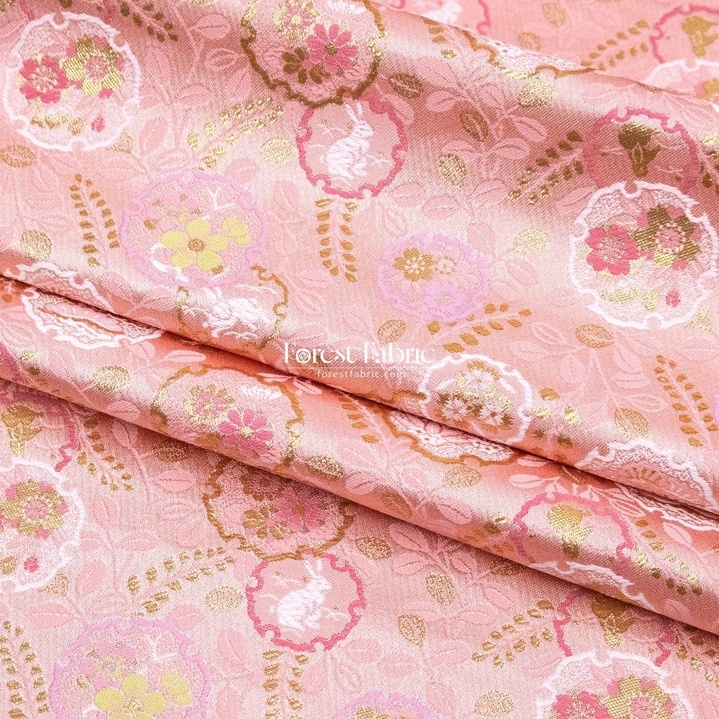 Gold Brocade - Floral Snow Rabbits fabric Pink - FO:REST Fabric 布恩堂Liberty fabrictana lawnjapanese fabricykk zipper