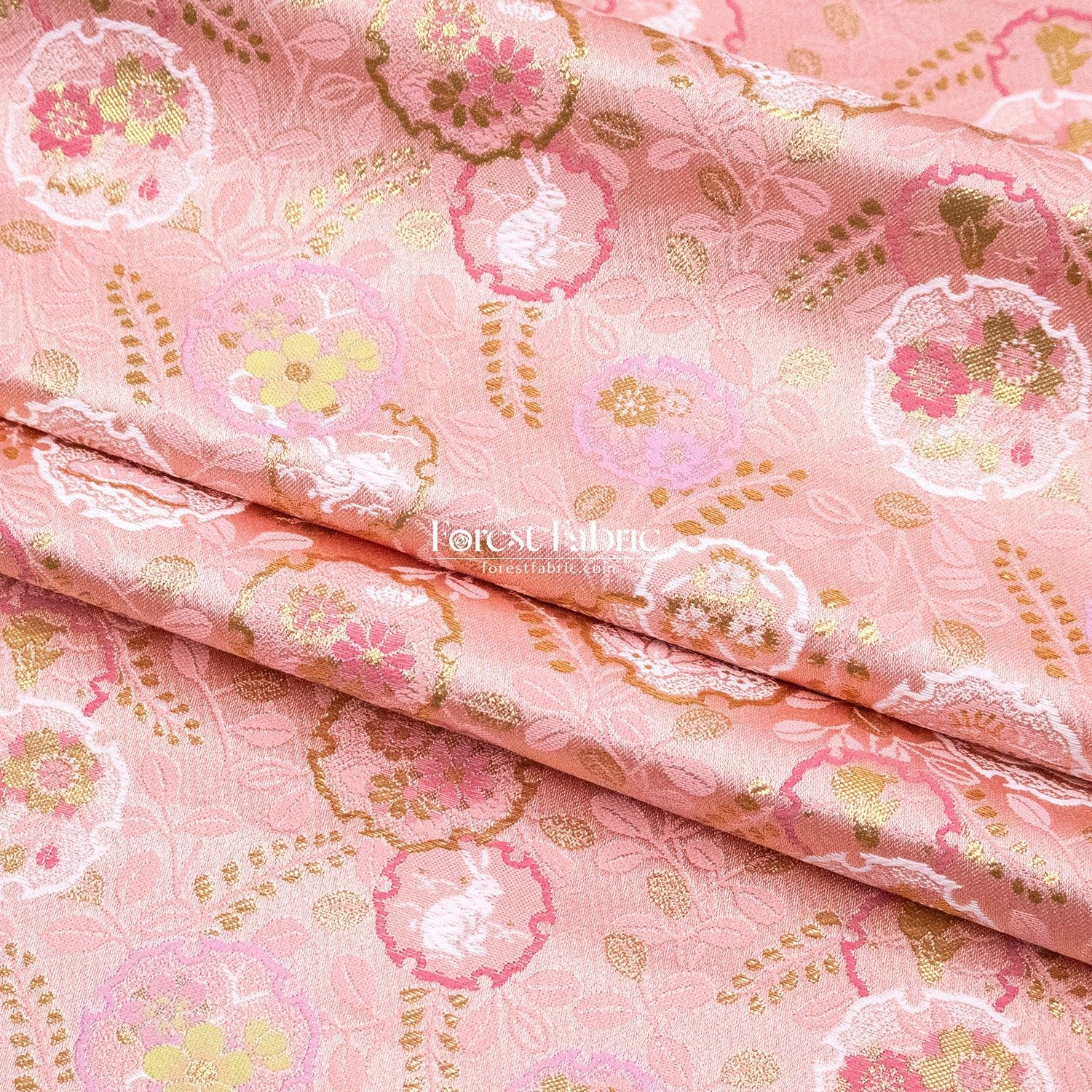 Gold Brocade - Floral Snow Rabbits fabric Pink - FO:REST Fabric 布恩堂Liberty fabrictana lawnjapanese fabricykk zipper