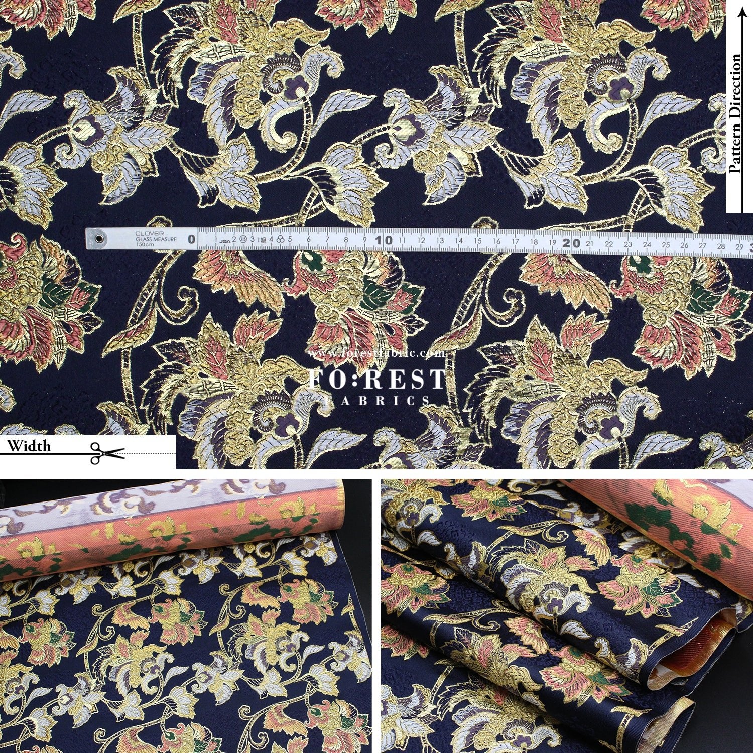 Gold Brocade - Flower fabric Navy - FO:REST Fabric 布恩堂Liberty fabrictana lawnjapanese fabricykk zipper