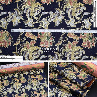 Gold Brocade - Flower fabric Navy - FO:REST Fabric 布恩堂Liberty fabrictana lawnjapanese fabricykk zipper