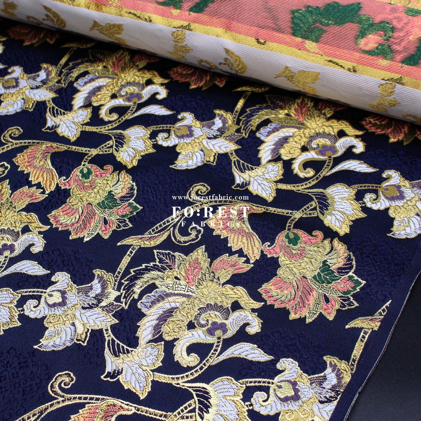 Gold Brocade - Flower fabric Navy - FO:REST Fabric 布恩堂Liberty fabrictana lawnjapanese fabricykk zipper