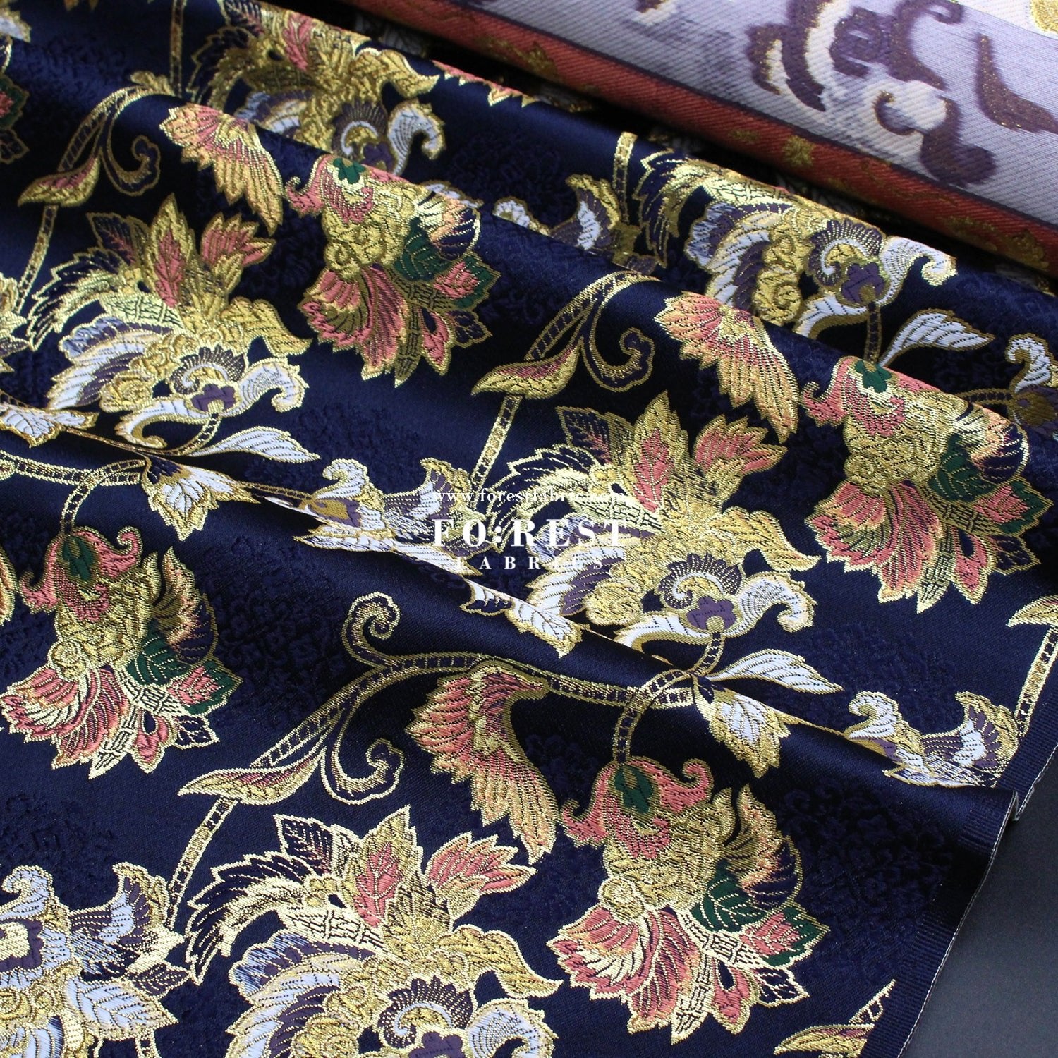 Gold Brocade - Flower fabric Navy - FO:REST Fabric 布恩堂Liberty fabrictana lawnjapanese fabricykk zipper