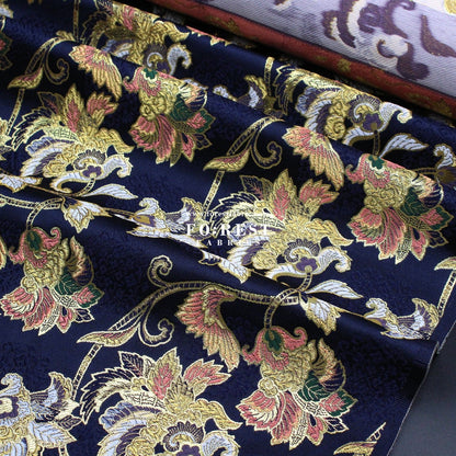 Gold Brocade - Flower fabric Navy - FO:REST Fabric 布恩堂Liberty fabrictana lawnjapanese fabricykk zipper