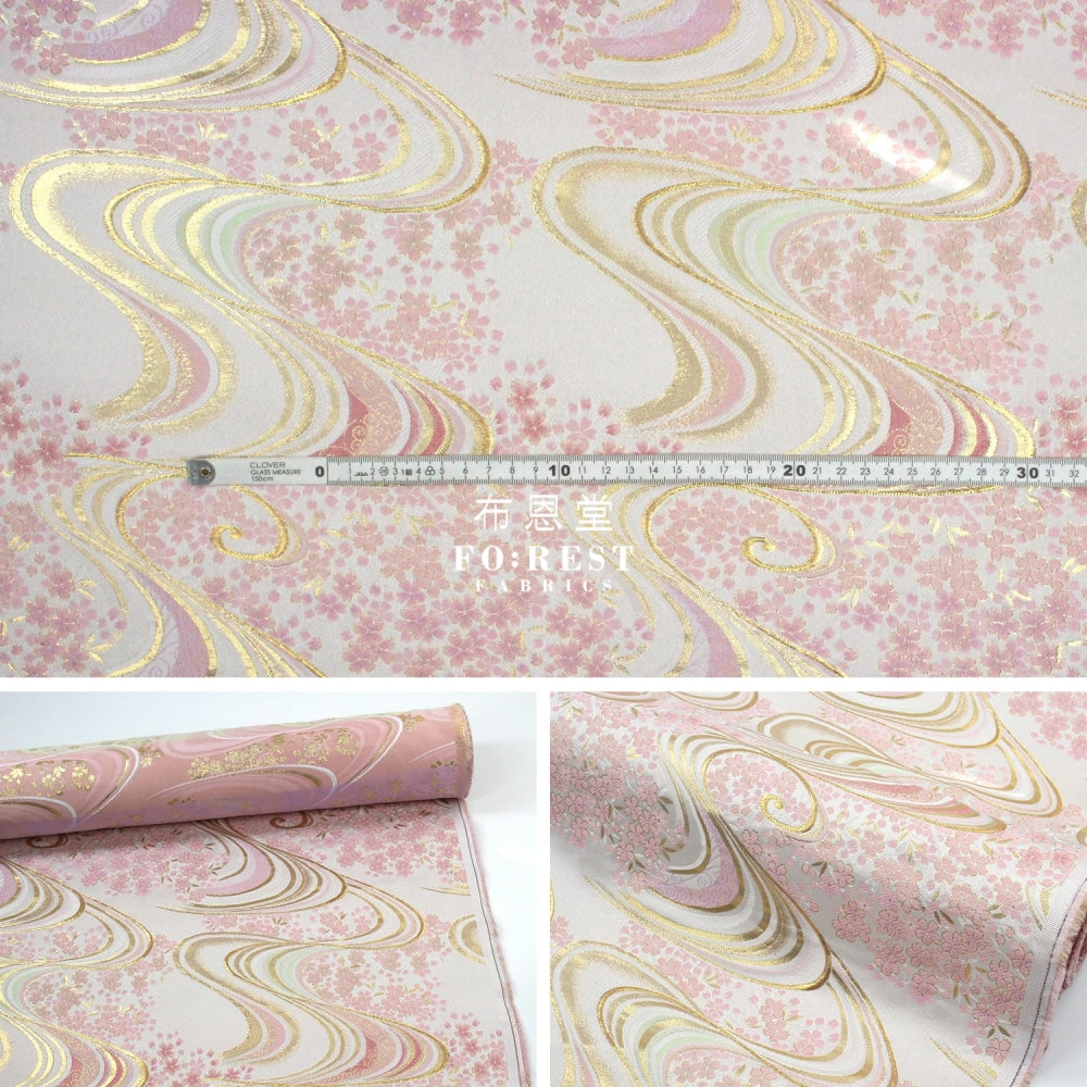 Gold Brocade - Flower River White Fabric Polyester