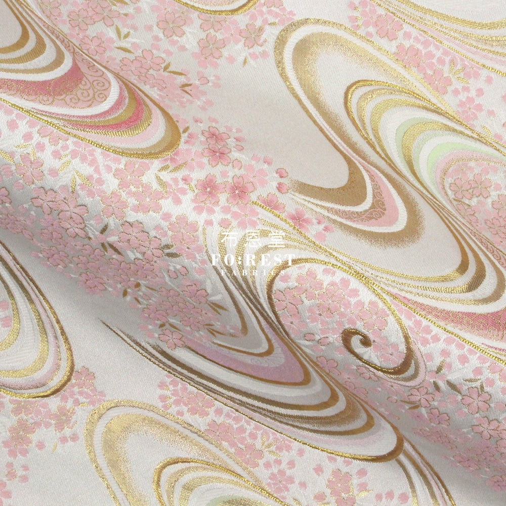 Gold Brocade - Flower River White Fabric Polyester